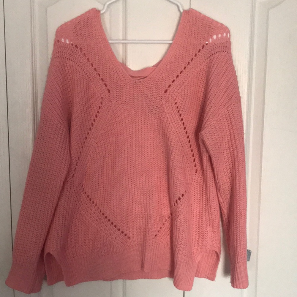 Salmon Pink V-neck Sweater, crisscross back
